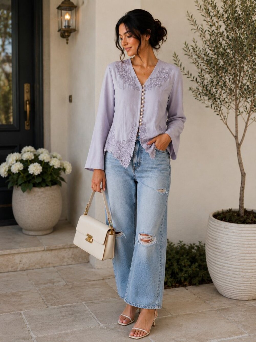 Stunning Vintage Fancy Lavender Lace Button Top